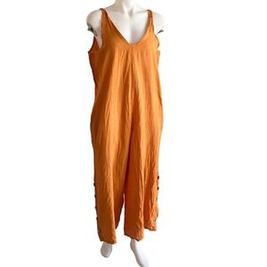 Puro Lino Italy Womens Orange 100% Linen V-Neck Pocket Jumpsuit Wide Leg 2588